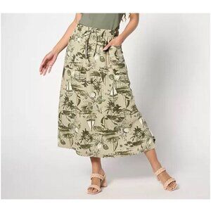 Denim Co Naturals Regular Printed Linen Blend MIDI‎ Skirt Size S Olive BOHO NWOT